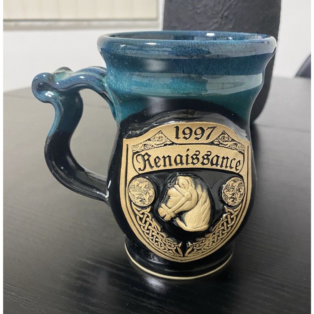 1997 Renaissance Decorated Ceramic Mug w/ Handle, Glossy Blue & Black